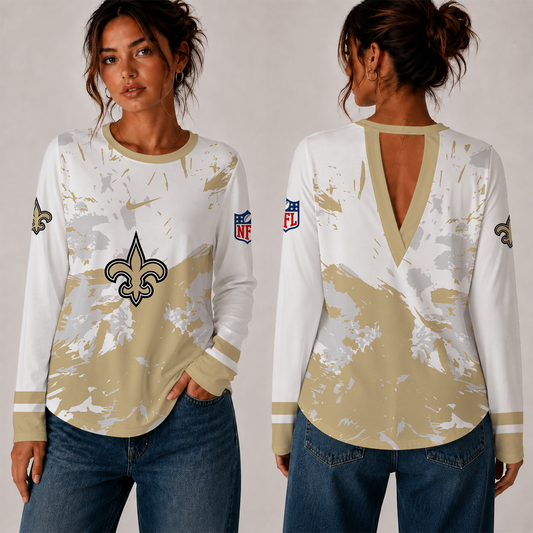 [TOUCHDOWN DEAL] NEW CUSTOMIZED NFL24 NOS NEW ORLEANS SAINTS WOMEN'S BACK V-CUT LONG-SLEEVE SHIRT