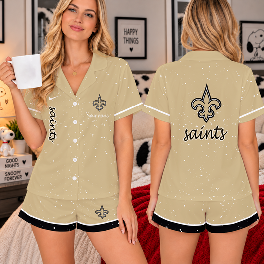 [TOUCHDOWN DEAL] NEW CUSTOMIZED NFL24 NOS THE SAINTS WOMEN'S V-NECK SHORT PAJAMAS SET