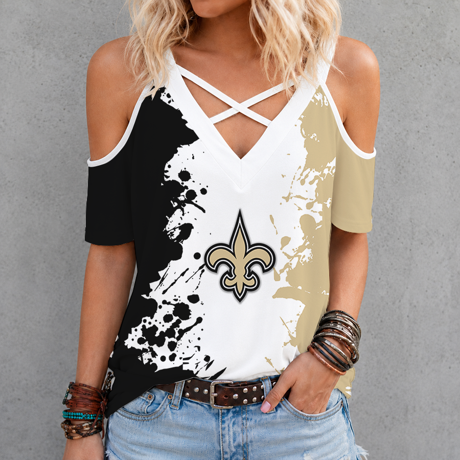 [TOUCHDOWN DEAL] NEW CUSTOMIZED NFL24 NOS NEW ORLEANS SAINTS CRISS CROSS V-NECK TOP