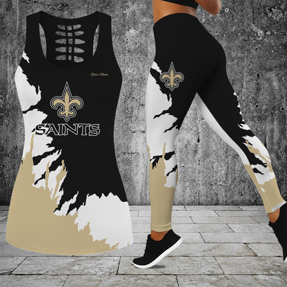 [TOUCHDOWN DEAL] NEW CUSTOMIZED NFL24 NOS NEW ORLEANS SAINTS HOLLOW TANK TOP & LEGGINGS SET