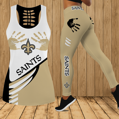 [TOUCHDOWN DEAL] NEW CUSTOMIZED NFL24 NOS NEW ORLEANS SAINTS HOLLOW TANK TOP & LEGGINGS SET