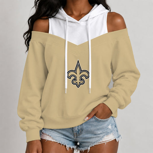 [TOUCHDOWN DEAL] NEW CUSTOMIZED NFL24 NOS THE SAINTS WOMEN'S OFF-SHOULDER HOODIE
