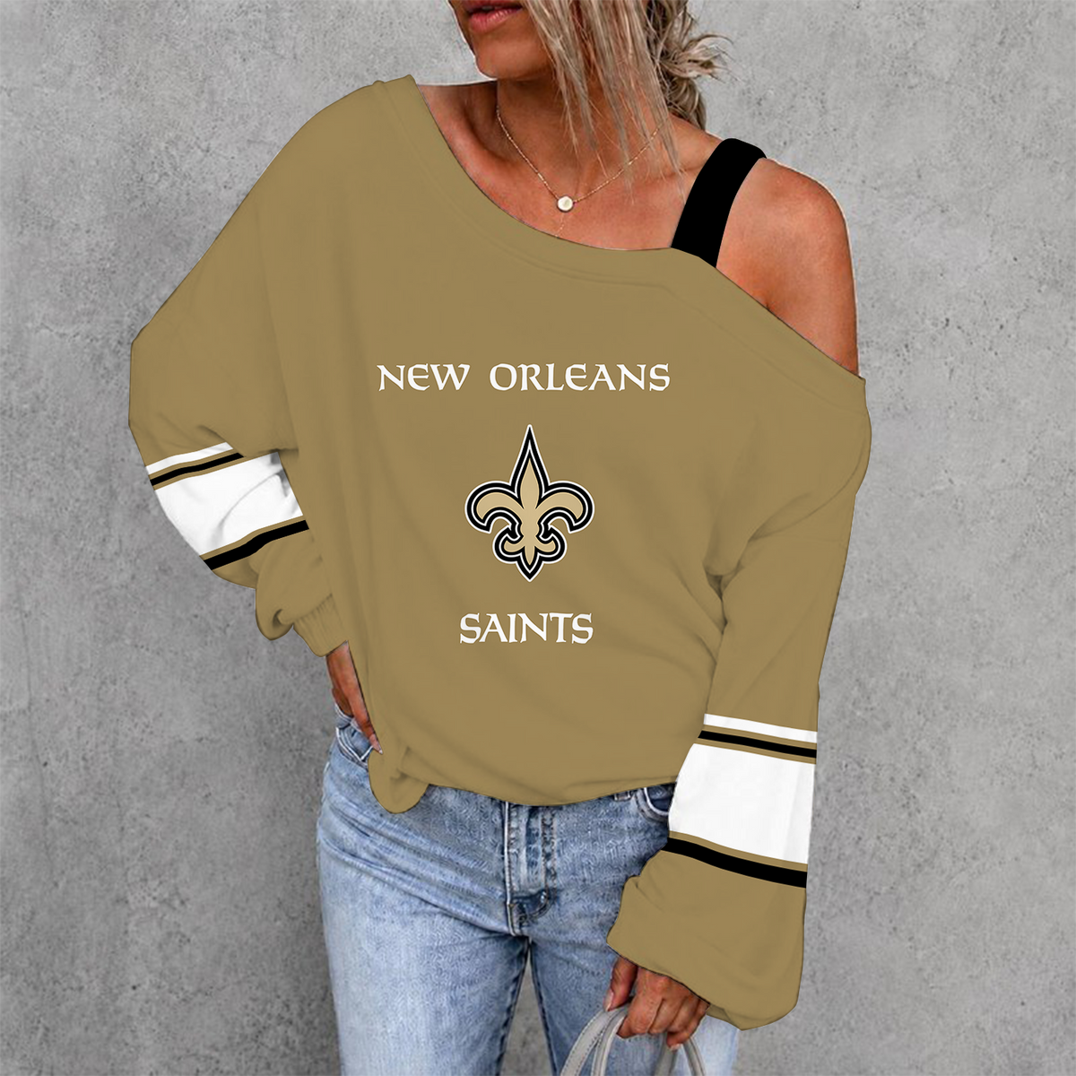 [TOUCHDOWN DEAL] NEW CUSTOMIZED NFL24 NOS NEW ORLEANS SAINTS WOMEN'S OFF-SHOULDER LONG SLEEVE SHIRT