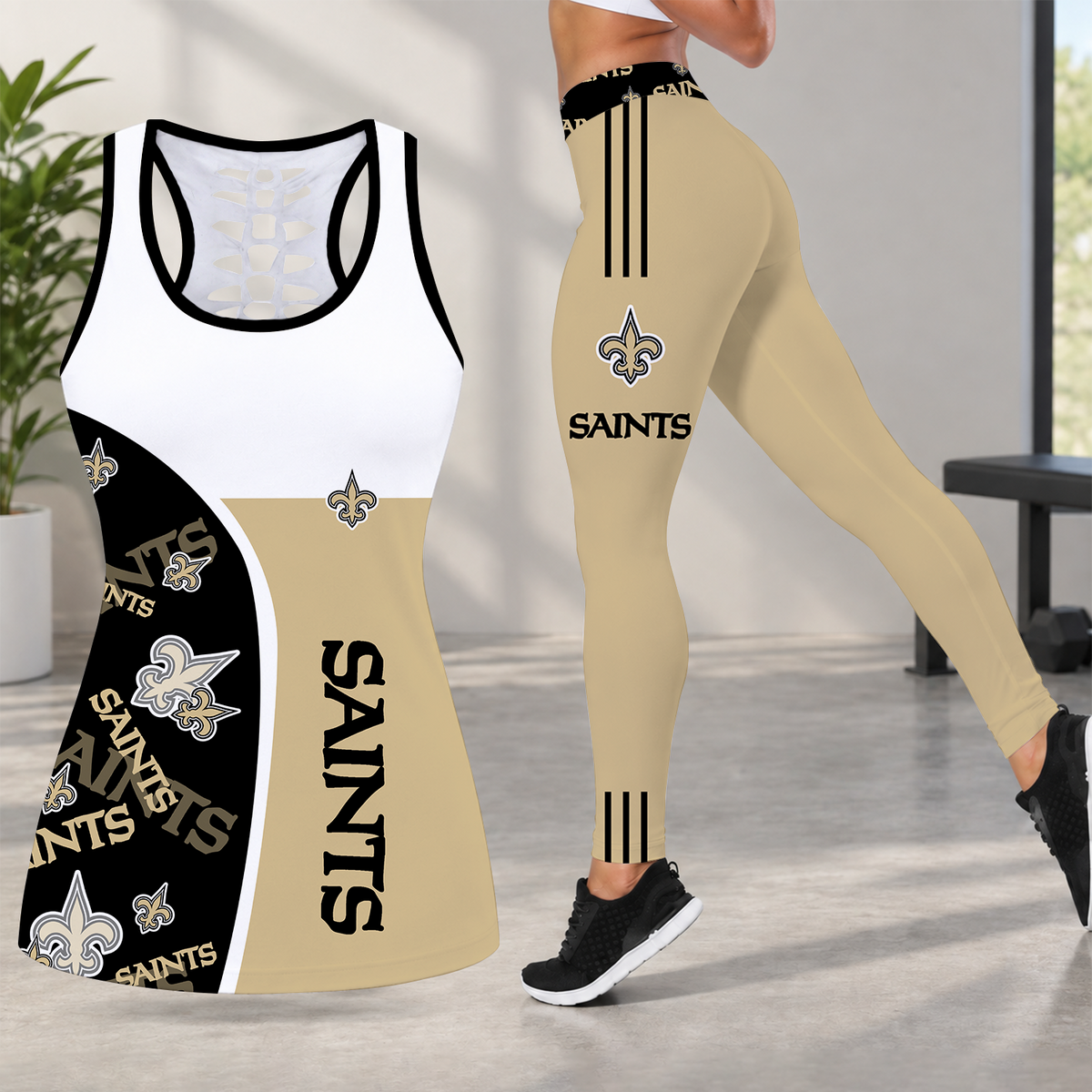 [TOUCHDOWN DEAL] NEW CUSTOMIZED NFL24 NOS NEW ORLEANS SAINTS HOLLOW TANK TOP & LEGGINGS SET