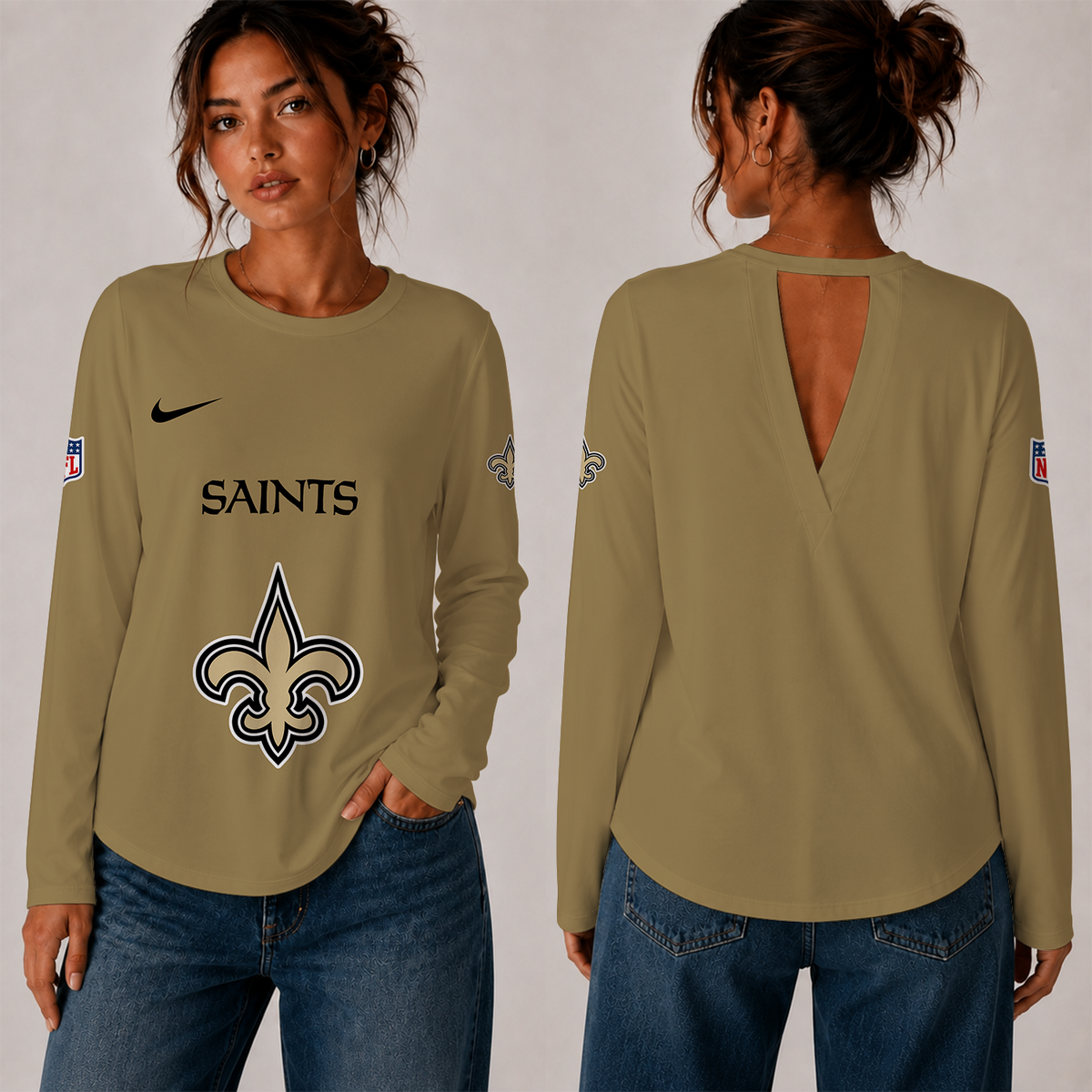 [TOUCHDOWN DEAL] NEW CUSTOMIZED NFL24 NOS THE SAINTS WOMEN'S BACK V-CUT LONG-SLEEVE SHIRT