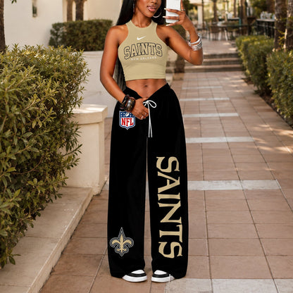 [TOUCHDOWN DEAL] NEW CUSTOMIZED NFL24 NOS NEW ORLEANS SAINTS WOMEN'S CROP TOP & LONGPANTS SET
