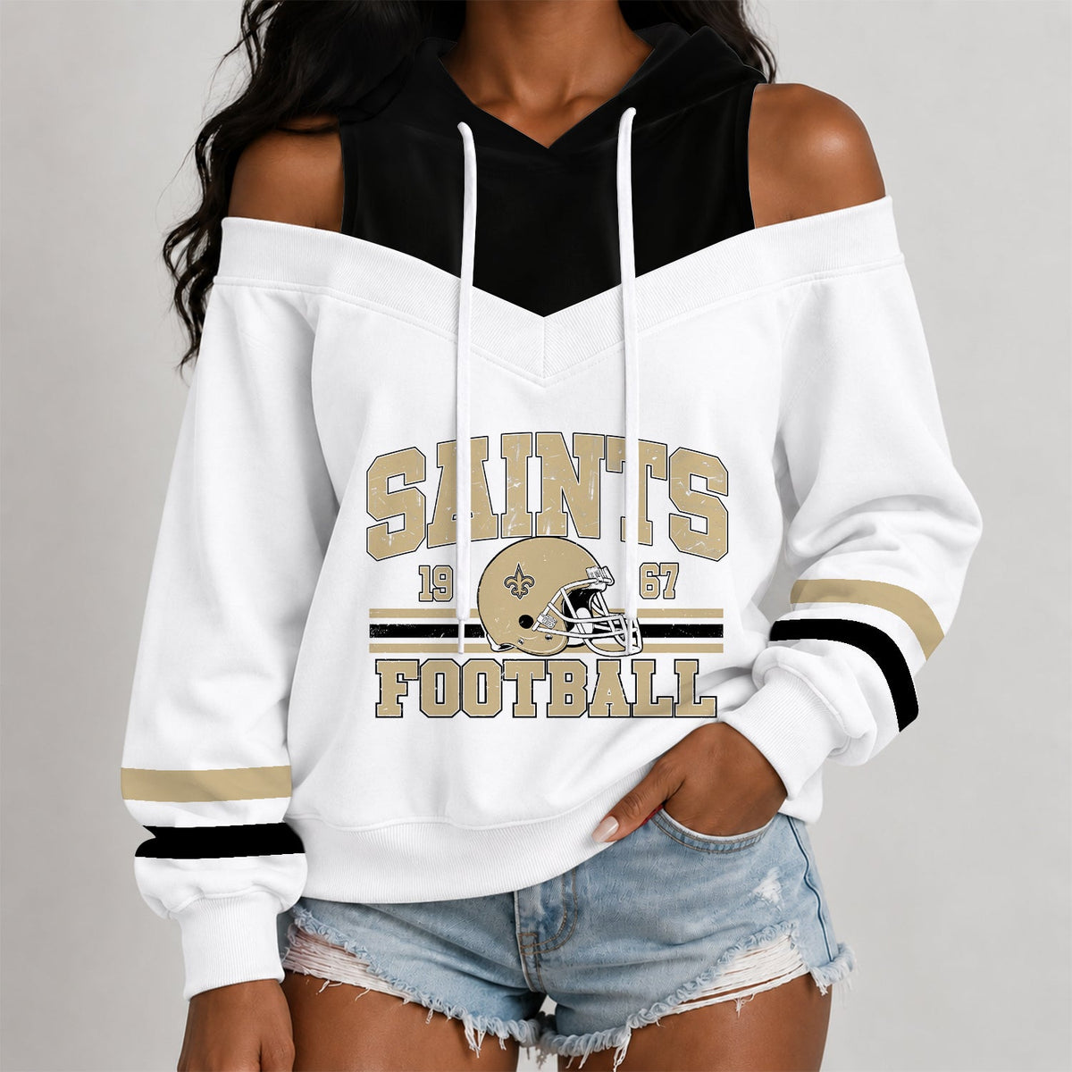 [TOUCHDOWN DEAL] NEW CUSTOMIZED NFL24 NOS THE SAINTS WOMEN'S OFF-SHOULDER HOODIE