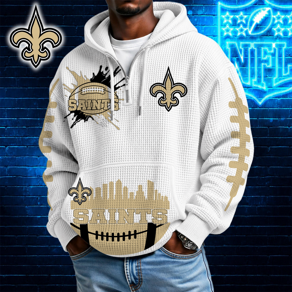 [TOUCHDOWN DEAL] NEW CUSTOMIZED NFL24 NOS NEW ORLEANS SAINTS WAFFLE FULL ZIP HOODIE