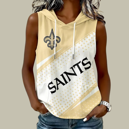 [TOUCHDOWN DEAL] NEW CUSTOMIZED NFL24 NOS NEW ORLEANS SAINTS WOMEN'S SLEEVELESS HOODED POCKET TANK TOP