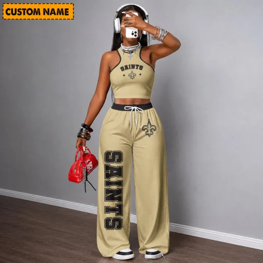 [TOUCHDOWN DEAL] NEW CUSTOMIZED NFL24 NOS NEW ORLEANS SAINTS WOMEN'S CROP TOP & LONGPANTS SET