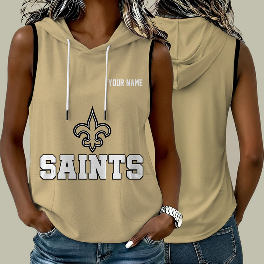 [TOUCHDOWN DEAL] NEW CUSTOMIZED NFL24 NOS NEW ORLEANS SAINTS WOMEN'S SLEEVELESS HOODED POCKET TANK TOP