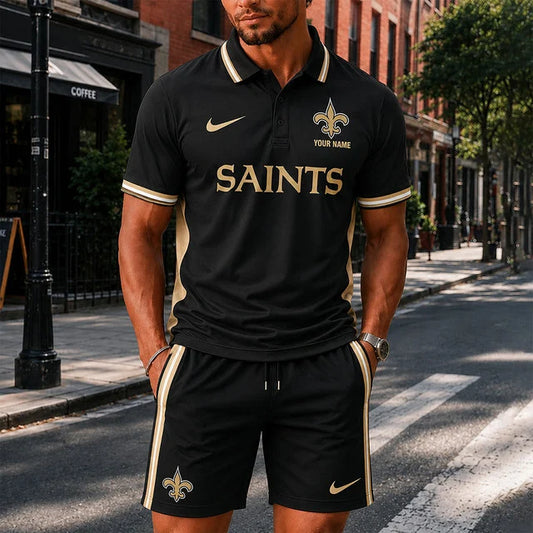 [TOUCHDOWN DEAL] NEW CUSTOMIZED NFL24 NOS NEW ORLEANS SAINTS POLO SHIRT & SHORT PANTS