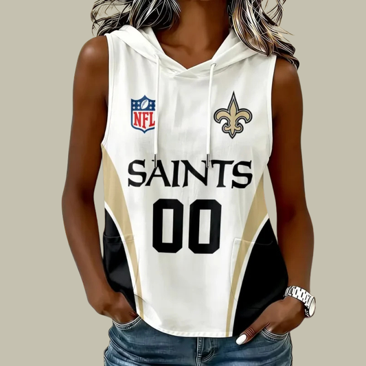 [TOUCHDOWN DEAL] NEW CUSTOMIZED NFL24 NOS NEW ORLEANS SAINTS WOMEN'S SLEEVELESS HOODED POCKET TANK TOP