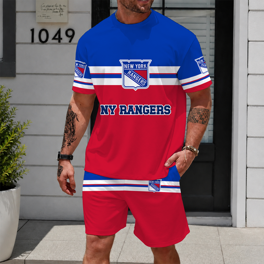 [PUCK DROP DEAL] NEW CUSTOMIZED NHL24 NYR NEW YORK RANGERS UNISEX T-SHIRT & SHORTS SET