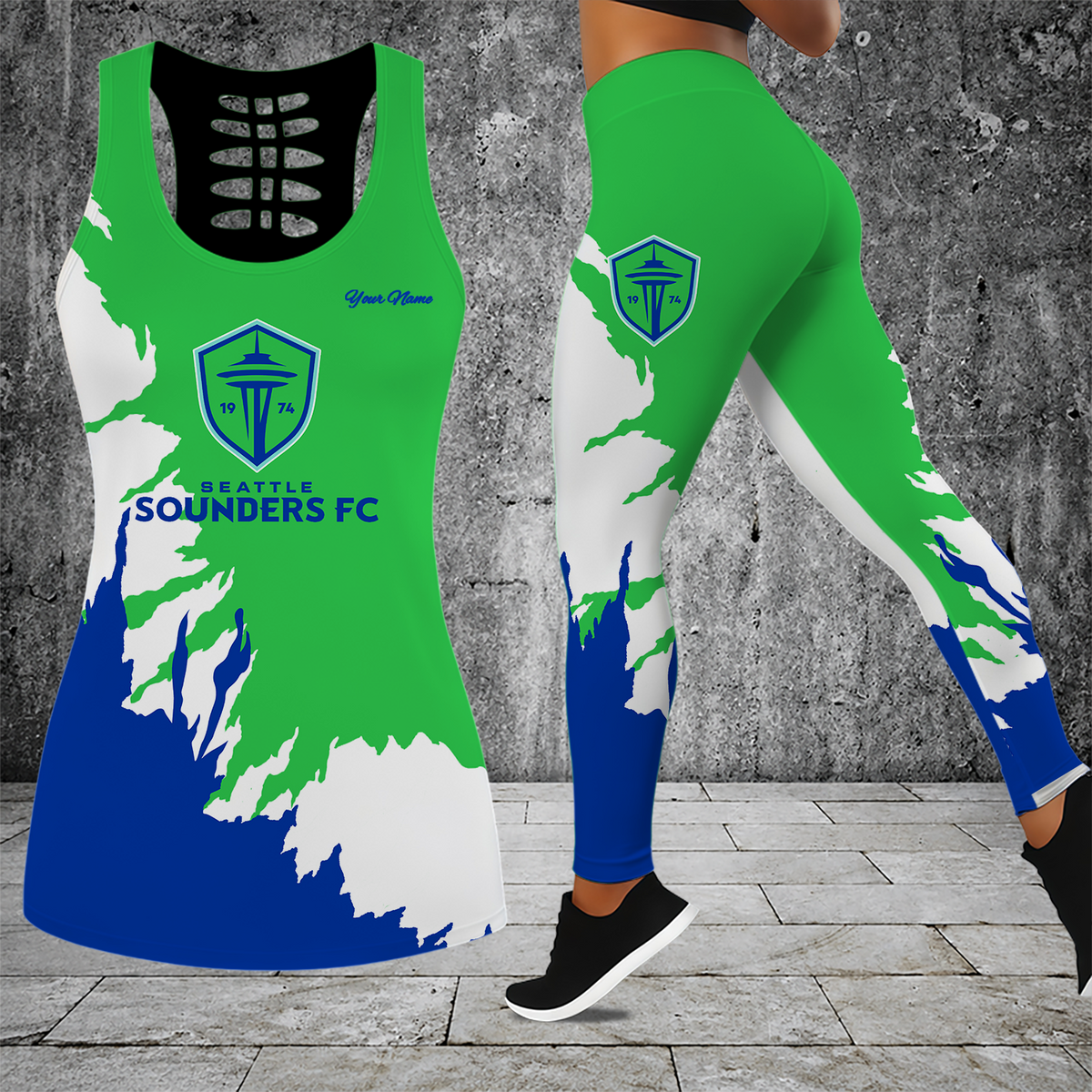 [GOAL DEAL] NEW CUSTOMIZED MLS24 SSF SEATTLE SOUNDERS FC HOLLOW TANK TOP & LEGGINGS SET