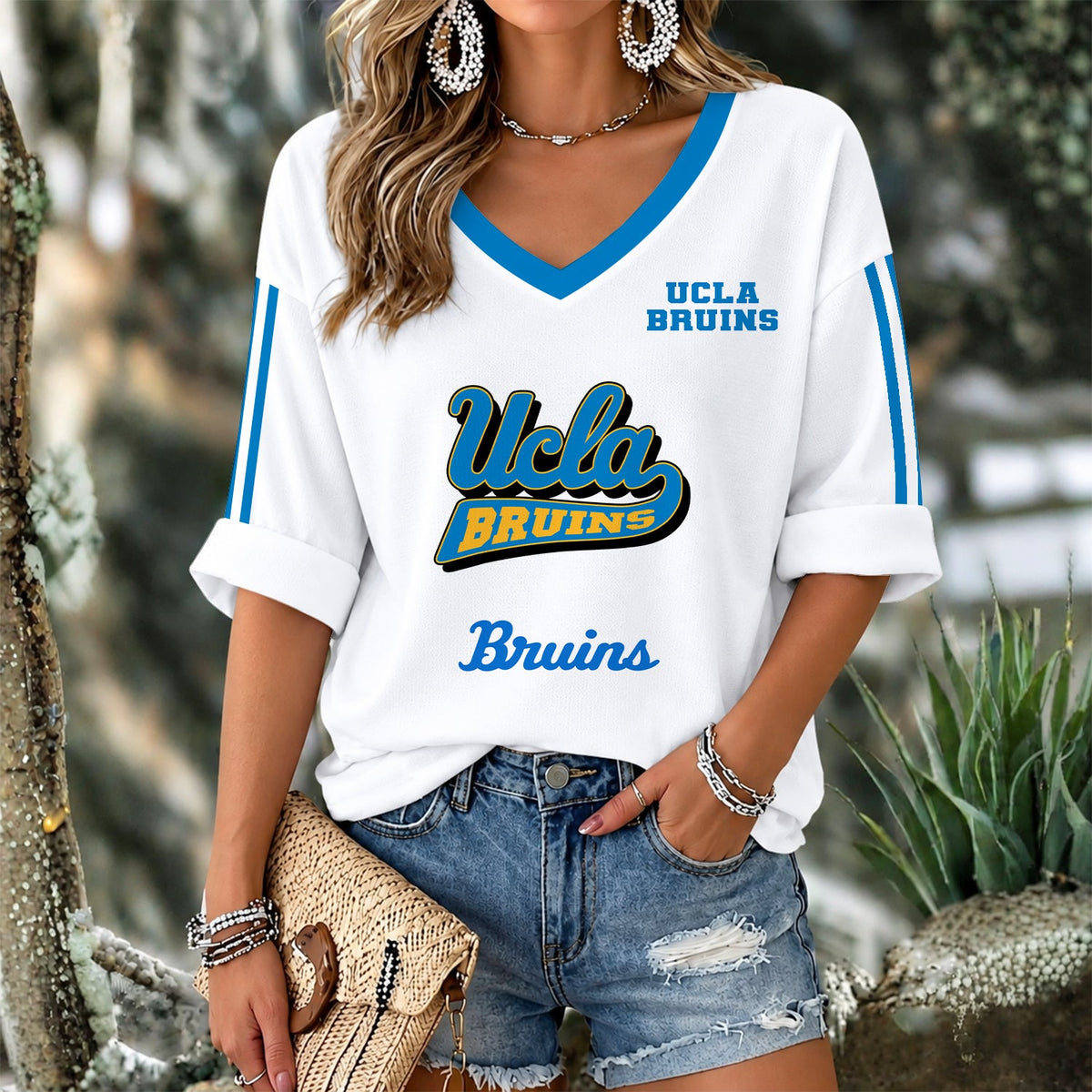 [HOMERUN DEAL] NEW CUSTOMIZED NCAA CWS24 UCB UCLA BRUINS WOMEN'S V-NECK LONG SLEEVE SHIRT