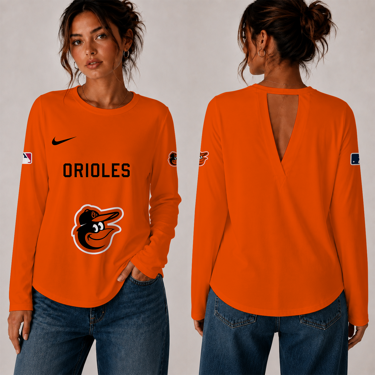 [HOMERUN DEAL] NEW CUSTOMIZED MLB25 BOS THE ORIOLES WOMEN'S BACK V-CUT LONG-SLEEVE SHIRT