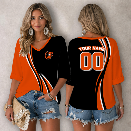 [HOMERUN DEAL] NEW CUSTOMIZED MLB25 BOS BALTIMORE ORIOLES WOMEN'S HEART V-NECK LONG SLEEVE SHIRT