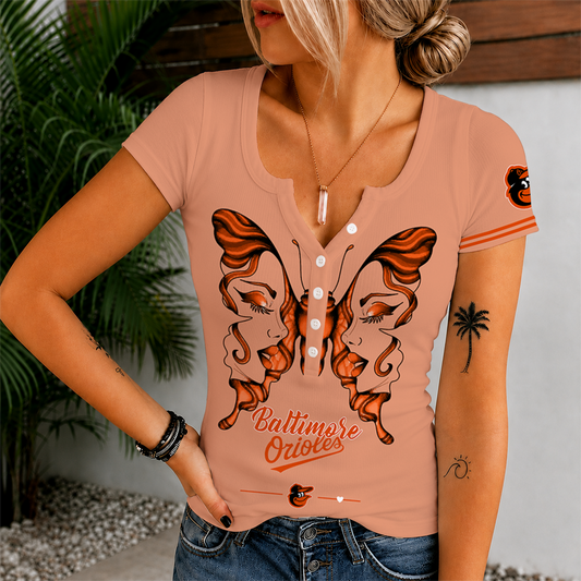 [HOMERUN DEAL] NEW CUSTOMIZED MLB25 BOS BALTIMORE ORIOLES WOMEN'S SHORT SLEEVE HENLEY T-SHIRT