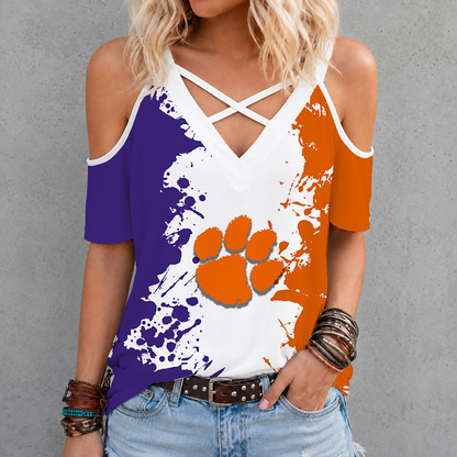 [FAN FAVORITE] NEW CUSTOMIZED NCAA CWS25 CST CLEMSON TIGERS CRISS CROSS V-NECK TOP