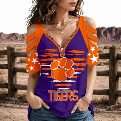 [FAN FAVORITE] NEW CUSTOMIZED NCAA CWS25 CST CLEMSON TIGERS STRAPPY COLD-SHOULDER TOP