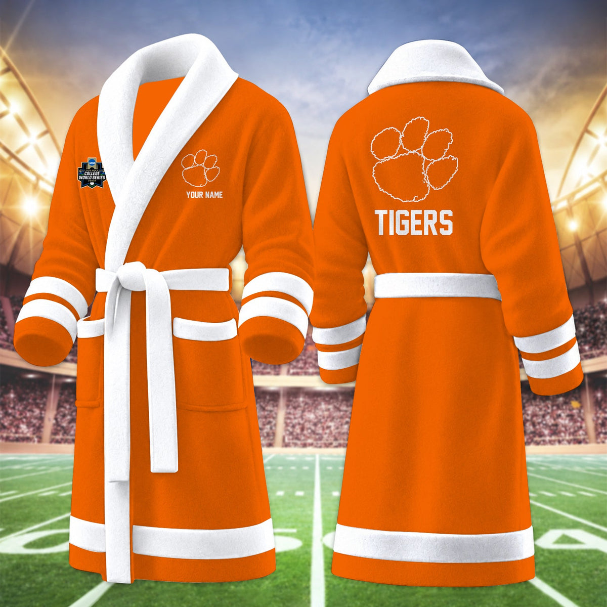 [HOMERUN DEAL] NEW CUSTOMIZED NCAA CWS25 CST CLEMSON TIGERS MULTICOLOR FLEECE BATHROBE