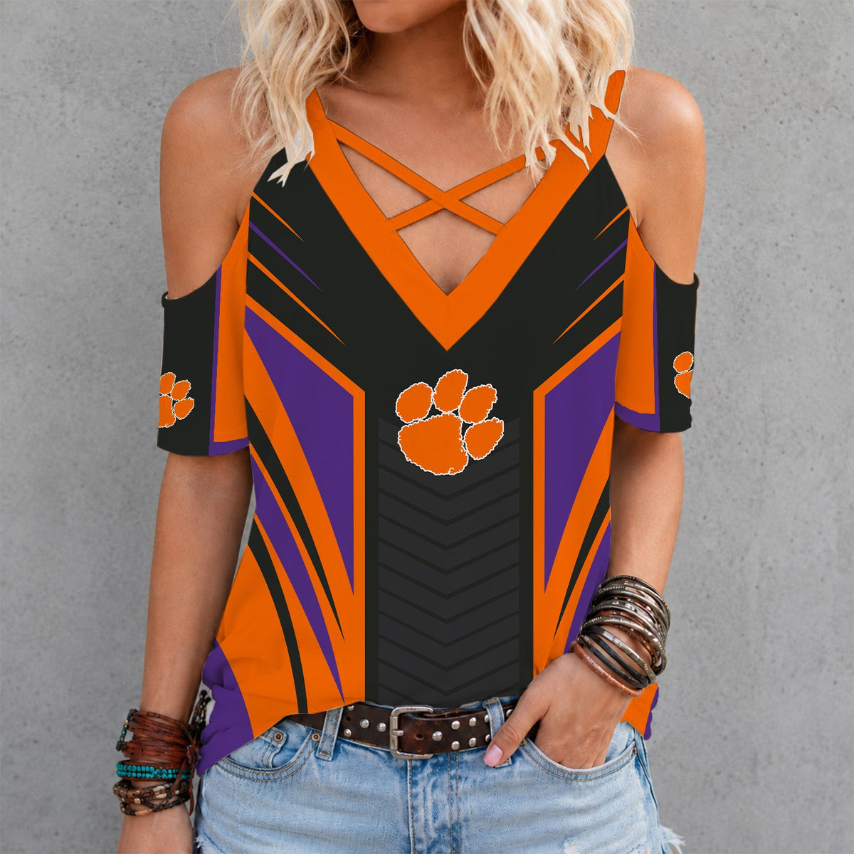 [HOMERUN DEAL] NEW CUSTOMIZED NCAA CWS25 CST CLEMSON TIGERS CRISS CROSS V-NECK TOP