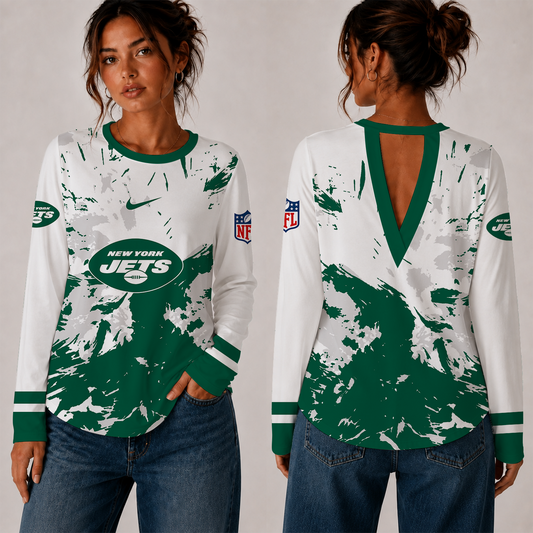 [TOUCHDOWN DEAL] NEW CUSTOMIZED NFL25 NYJ NEW YORK JETS WOMEN'S BACK V-CUT LONG-SLEEVE SHIRT