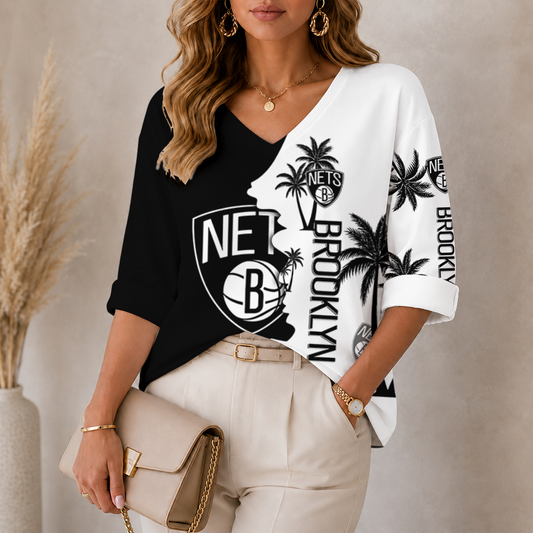 [HOT DEAL] NEW CUSTOMIZED NBA25 BNE BROOKLYN NETS WOMEN'S V-NECK LONG SLEEVE SHIRT