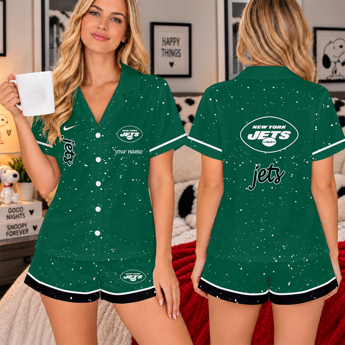 [TOUCHDOWN DEAL] NEW CUSTOMIZED NFL25 NYJ THE JETS WOMEN'S V-NECK SHORT PAJAMAS SET