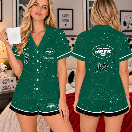 [TOUCHDOWN DEAL] NEW CUSTOMIZED NFL25 NYJ THE JETS WOMEN'S V-NECK SHORT PAJAMAS SET