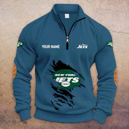 [TOUCHDOWN DEAL] NEW CUSTOMIZED NFL25 NYJ NEW YORK JETS MULTICOLOR STRIPED QUATER ZIP SWEATSHIRT