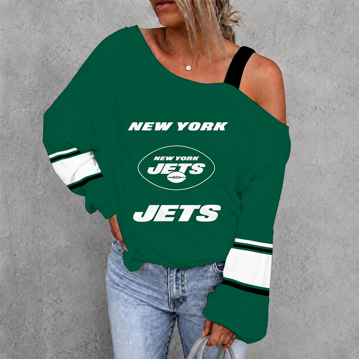 [TOUCHDOWN DEAL] NEW CUSTOMIZED NFL25 NYJ NEW YORK JETS WOMEN'S OFF-SHOULDER LONG SLEEVE SHIRT