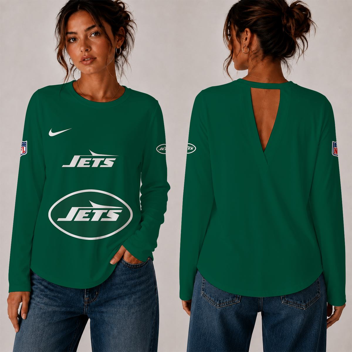 [TOUCHDOWN DEAL] NEW CUSTOMIZED NFL25 NYJ THE JETS WOMEN'S BACK V-CUT LONG-SLEEVE SHIRT