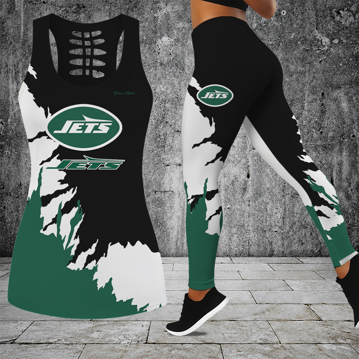 [TOUCHDOWN DEAL] NEW CUSTOMIZED NFL25 NYJ NEW YORK JETS HOLLOW TANK TOP & LEGGINGS SET