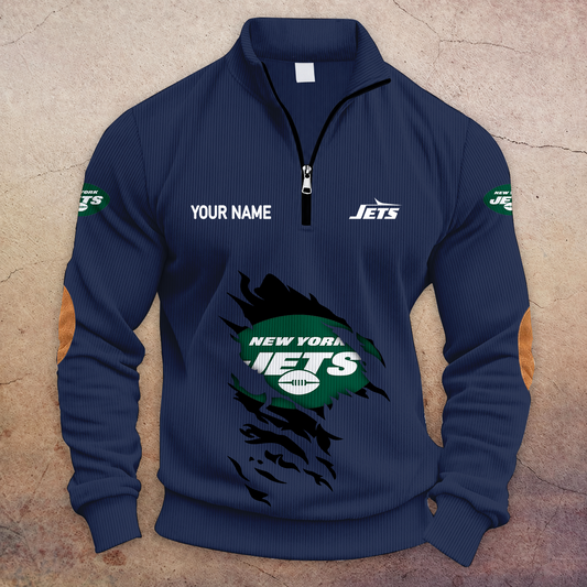 [TOUCHDOWN DEAL] NEW CUSTOMIZED NFL25 NYJ NEW YORK JETS MULTICOLOR STRIPED QUATER ZIP SWEATSHIRT
