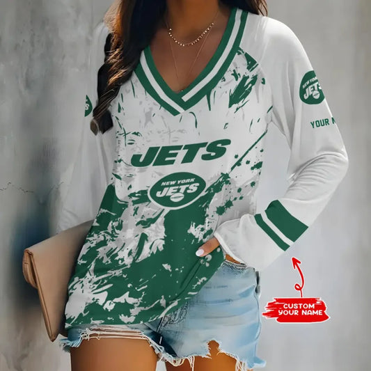 [TOUCHDOWN DEAL] NEW CUSTOMIZED NFL25 NYJ NEW YORK JETS WOMEN'S V-NECK LONG SLEEVED SHIRT