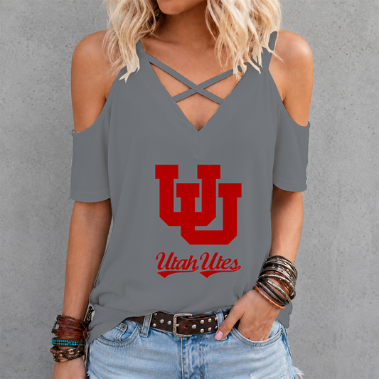 [TOUCHDOWN DEAL] NEW CUSTOMIZED NCAA FBS25 UTU UTAH UTES CRISS CROSS V-NECK TOP