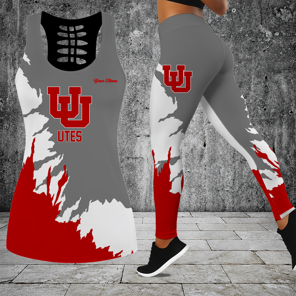 [TOUCHDOWN DEAL] NEW CUSTOMIZED NCAA FBS25 UTU UTAH UTES HOLLOW TANK TOP & LEGGINGS SET