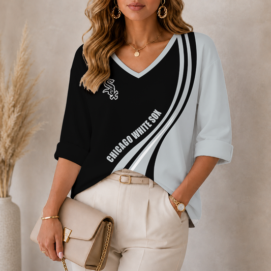 [HOMERUN DEAL] NEW CUSTOMIZED MLB26 CWS CHICAGO WHITE SOX WOMEN'S HEART V-NECK LONG SLEEVE SHIRT