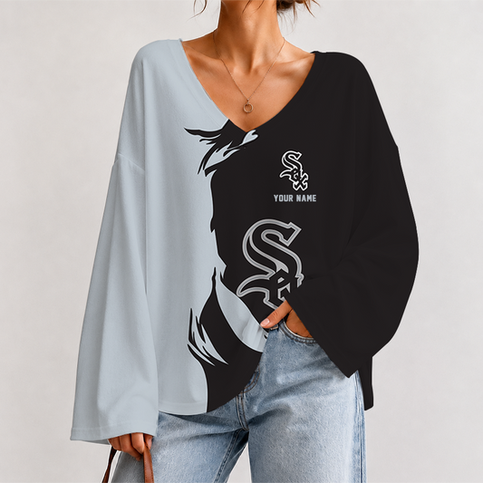 [HOMERUN DEAL] NEW CUSTOMIZED MLB26 CWS CHICAGO WHITE SOX V-NECK LONG SLEEVED CROP TOP