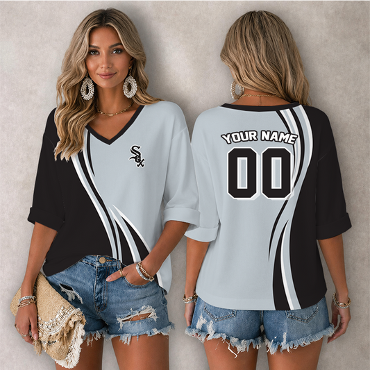[HOMERUN DEAL] NEW CUSTOMIZED MLB26 CWS CHICAGO WHITE SOX WOMEN'S HEART V-NECK LONG SLEEVE SHIRT