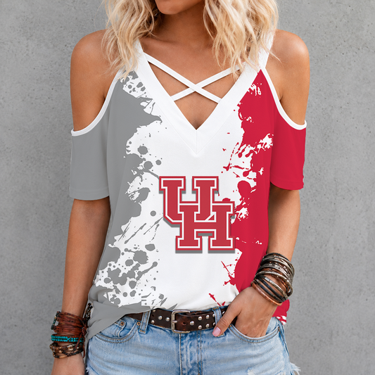 [SLAM DUNK DEAL] NEW CUSTOMIZED NCAA MAM26 HOC HOUSTON COUGARS CRISS CROSS V-NECK TOP