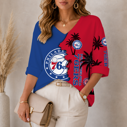 [HOT DEAL] NEW CUSTOMIZED NBA26 P76 PHILADELPHIA 76ERS WOMEN'S V-NECK LONG SLEEVE SHIRT
