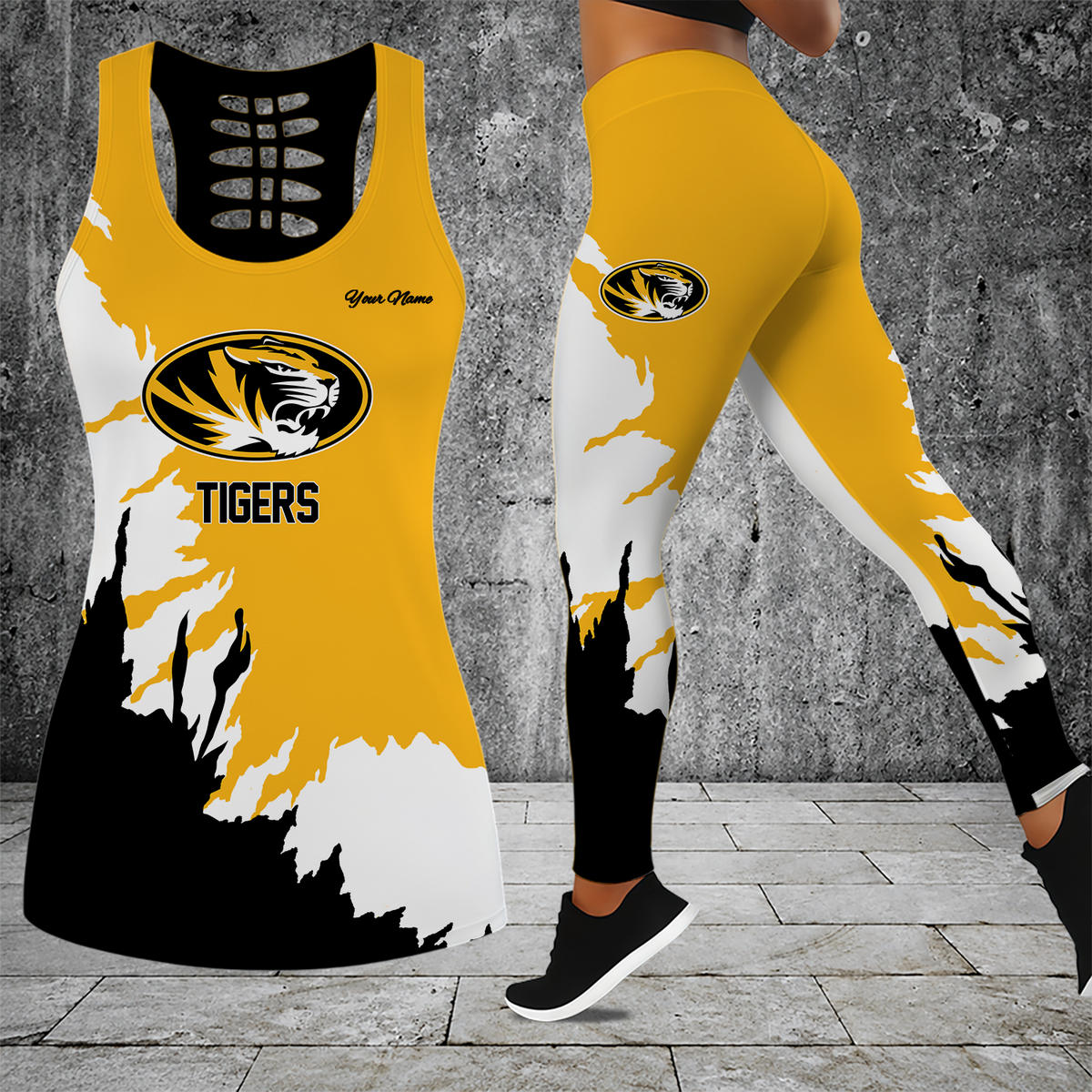 [TOUCHDOWN DEAL] NEW CUSTOMIZED NCAA FBS26 MST MISSOURI TIGERS HOLLOW TANK TOP & LEGGINGS SET
