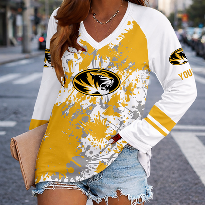 [TOUCHDOWN DEAL] NEW CUSTOMIZED NCAA FBS26 MST MISSOURI TIGERS WOMEN'S V-NECK LONG SLEEVED SHIRT