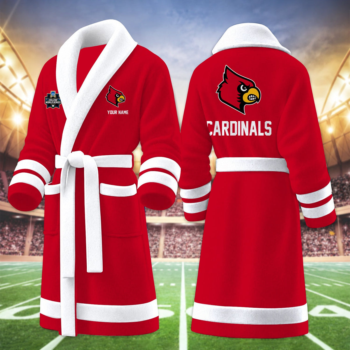 [HOMERUN DEAL] NEW CUSTOMIZED NCAA CWS26 ULC LOUISVILLE CARDINALS MULTICOLOR FLEECE BATHROBE