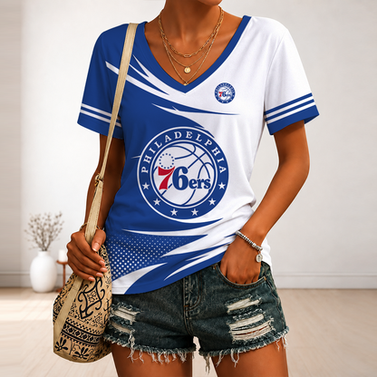 [HOT DEAL] NEW CUSTOMIZED NBA26 P76 PHILADELPHIA 76ERS V-NECK FEMALE SHIRT