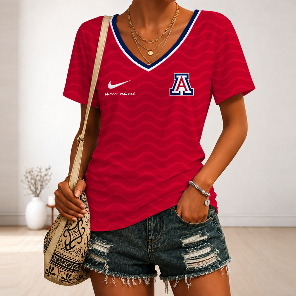 [TOUCHDOWN DEAL]NEW CUSTOMIZED NCAA FBS27 ARW ARIZONA WILDCATS V-NECK FEMALE SHIRT