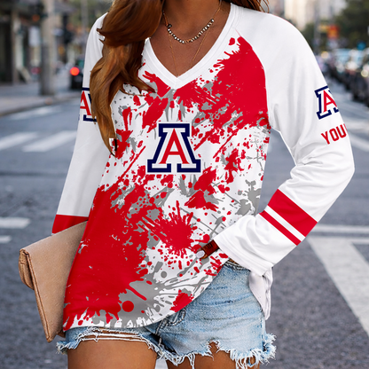 [TOUCHDOWN DEAL] NEW CUSTOMIZED NCAA FBS27 ARW ARIZONA WILDCATS WOMEN'S V-NECK LONG SLEEVED SHIRT